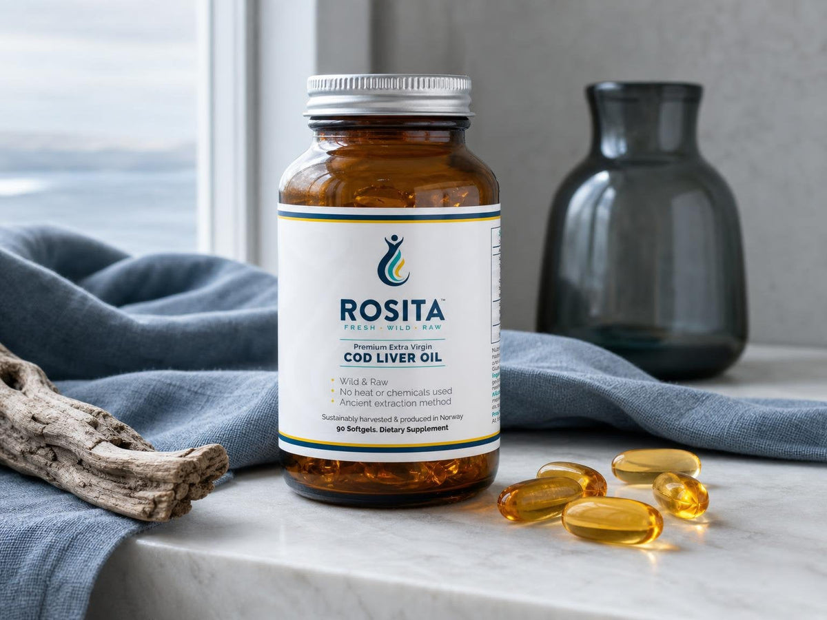 Rosita Extra Virgin Cod Liver Oil menkių kepenėlių aliejaus kapsulės, 90 kapsulių buteliukas