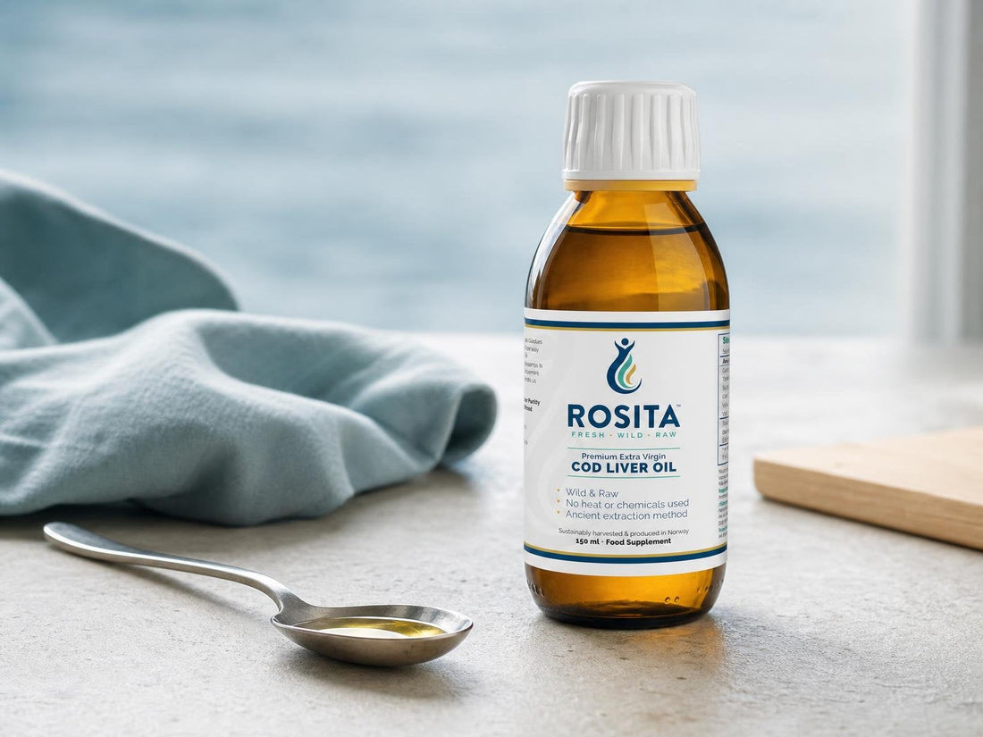 Rosita Extra Virgin Cod Liver Oil skystas menkių kepenėlių aliejus 150 ml buteliukas
